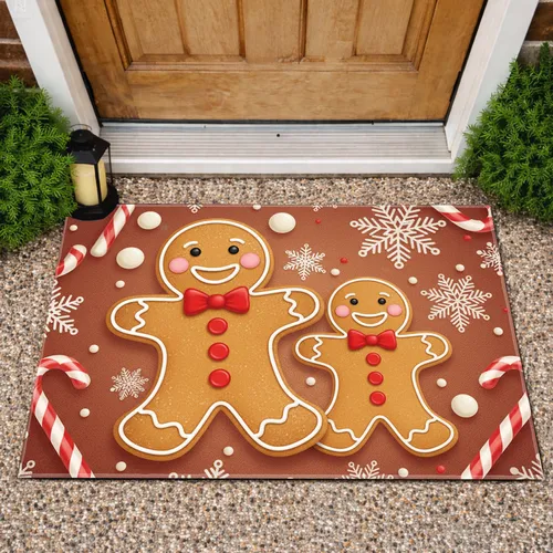 Iced Gingerbread Men Snowflakes Candy Canes Round Candies - Christmas Holiday Home Decor Gift Doormat