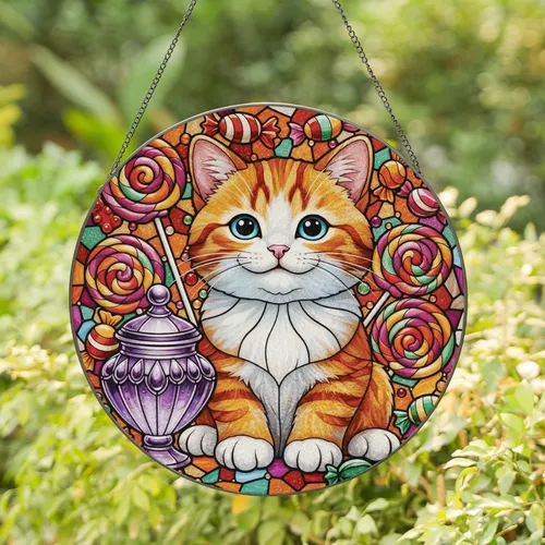 Smiling Kitten Lollipop Candy Jar - Pet Lover Home Decor Gift for Cat Owners Stained Glass Suncatcher