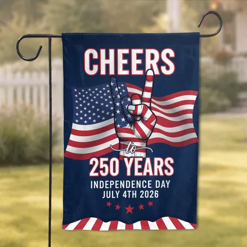 American Flag Hand 'Rock On' Cheers 250 Years Independence Day Historic Celebration Garden Flag