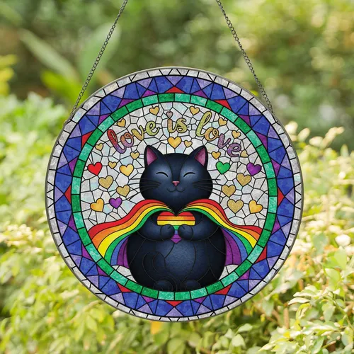 Black Cat Rainbow Heart Love Is Love - Pride Home Decor Gift for Cat Lover Stained Glass Suncatcher