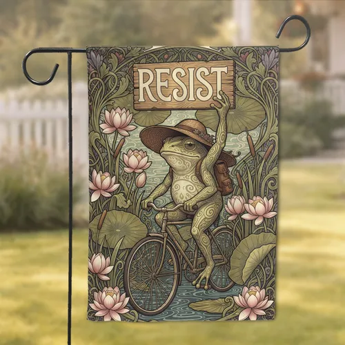 Frog Bicycle RESIST Sign Art Nouveau Lotus Pond Floral Decor Gift Garden Flag