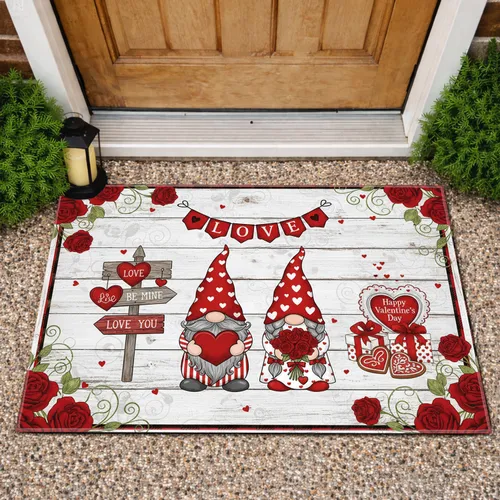 Valentine Gnomes Rustic Buffalo Plaid Hearts Roses - Valentine's Day Gift Doormat