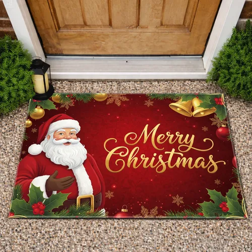 Santa Claus Holly Garlands Golden Bells Merry Christmas Script - Christmas Gift Doormat