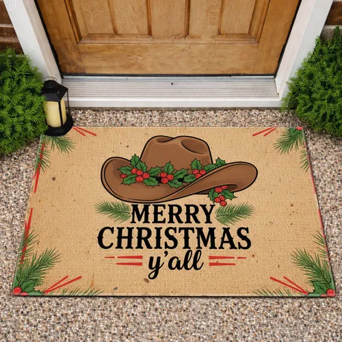 Cowboy Hat Holly Berries Merry Christmas Y'all - Christmas Gift Doormat