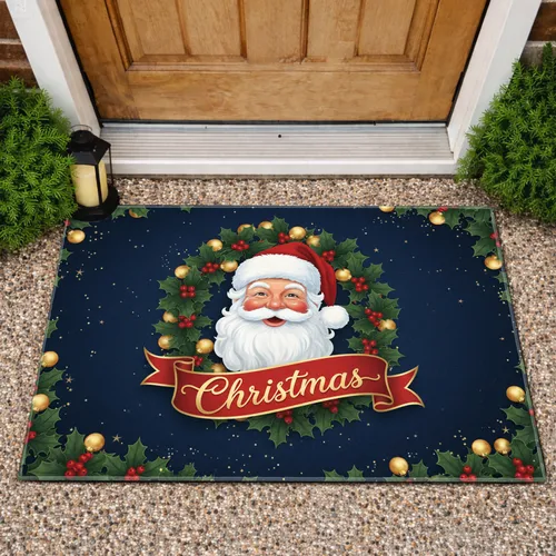 Santa Claus Christmas Wreath Banner - Christmas Holiday Decor Doormat