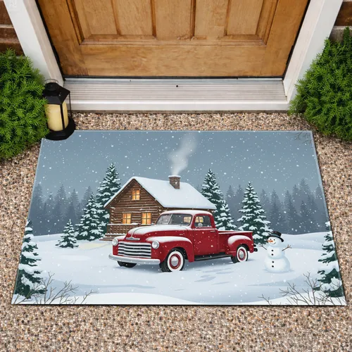Vintage Red Truck Log Cabin Winter Scene - Christmas Holiday Gift for Truck Lover Doormat