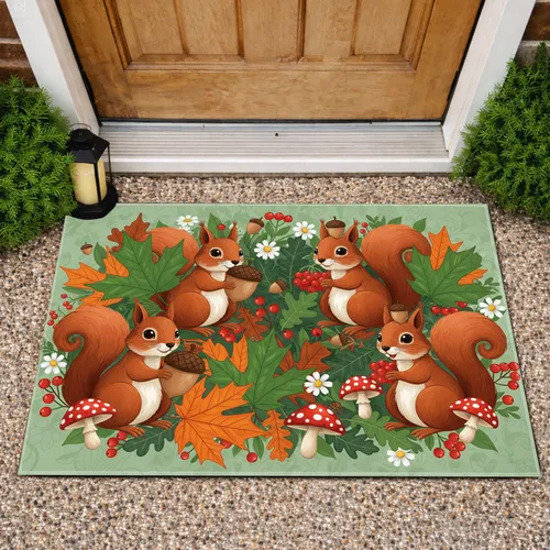 Squirrel Acorn Forest Leaves Toadstools - Autumn Home Decor Gift for Squirrel Lover Doormat