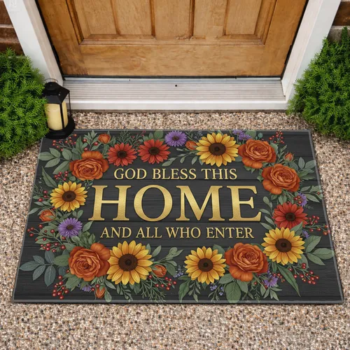 God Bless This Home Sunflowers Roses Daisies - Christian Home Blessing Gift Doormat
