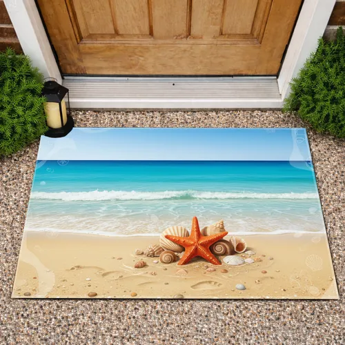 Orange Starfish Seashells Sandy Beach - Coastal Decor Gift for Beach Lover Doormat