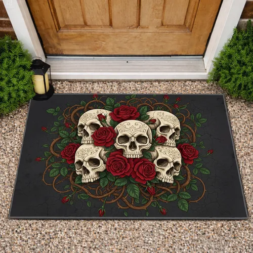 Human Skulls Red Roses Thorn Vines - Home Decor Gift Doormat