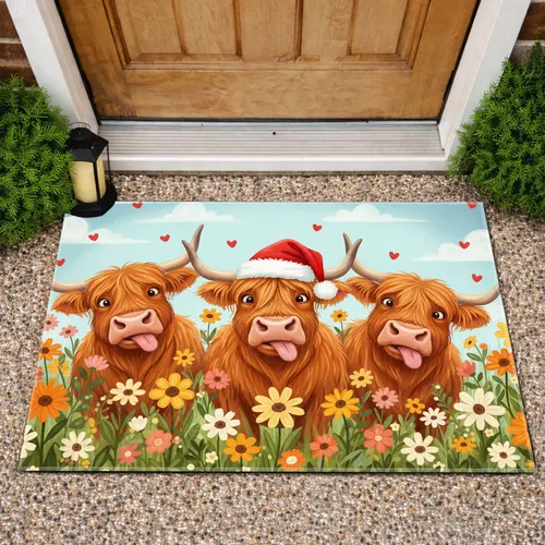 Highland Cow Santa Hat Wildflower Meadow - Christmas Holiday Gift for Cow Lover Doormat