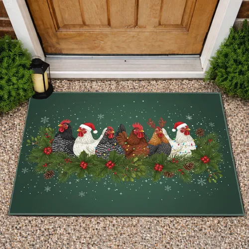 Festive Chickens Santa Hats Foliage - Christmas Home Decor Gift for Farmhouse Doormat