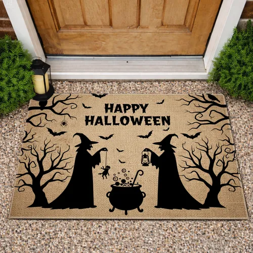 Witches Cauldron Happy Halloween Tree Silhouettes Bats - Halloween Party Decor Doormat