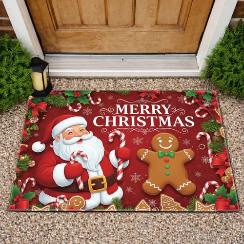 Santa Claus Gingerbread Man MERRY CHRISTMAS Holly - Christmas Holiday Decor Doormat