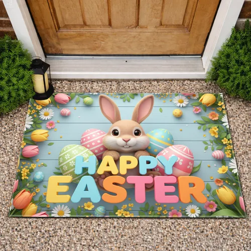 Easter Bunny Eggs HAPPY EASTER Spring Flowers - Easter Holiday Decor Doormat