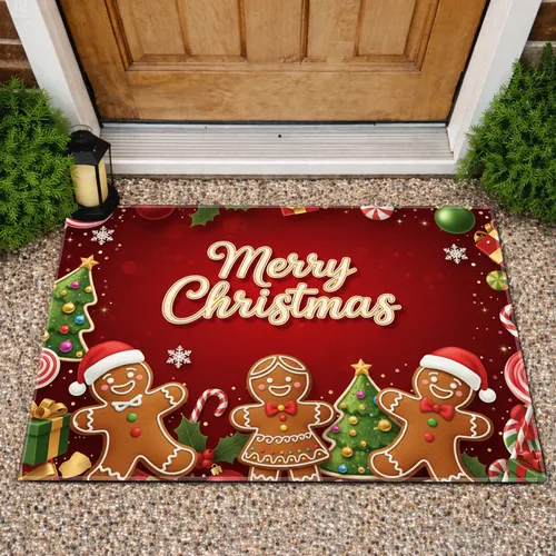 Merry Christmas Gingerbread Cookies Candy Cane Holly Ornaments - Christmas Decor Doormat