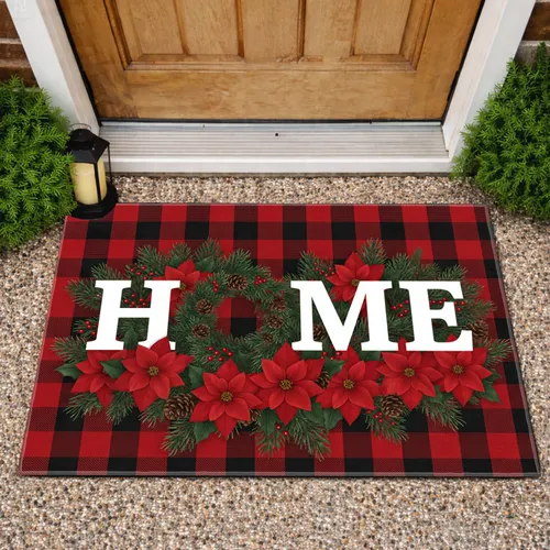 HOME Wreath Poinsettia Buffalo Plaid - Christmas Holiday Home Decor Gift Doormat