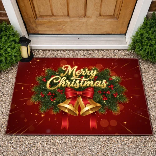 Merry Christmas Golden Sleigh Bells - Christmas Holiday Decor Doormat