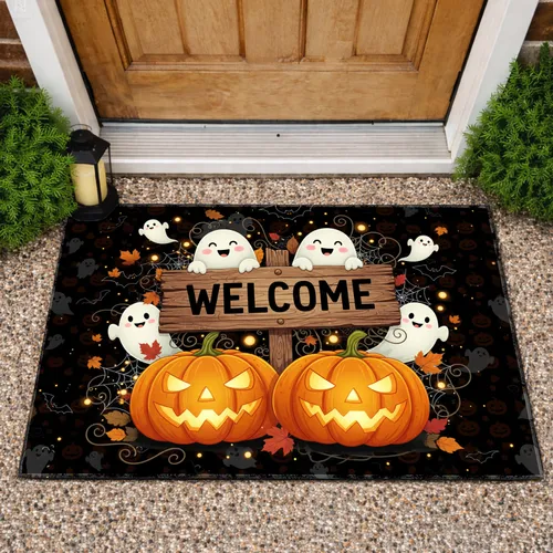 Smiling Jack-o-lantern Welcome Sign Ghosts - Halloween Party Decor Doormat