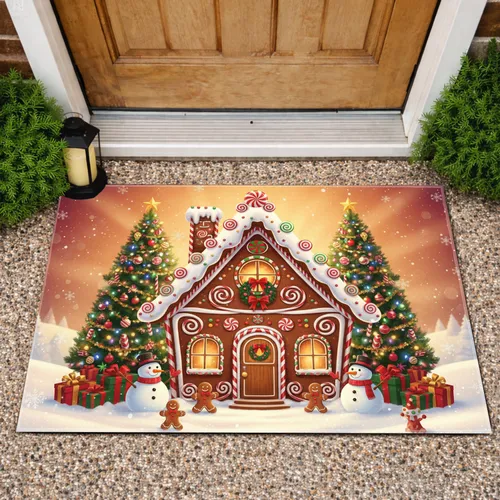 Gingerbread House Christmas Trees Snowmen Winter Wonderland Holiday Decor Doormat
