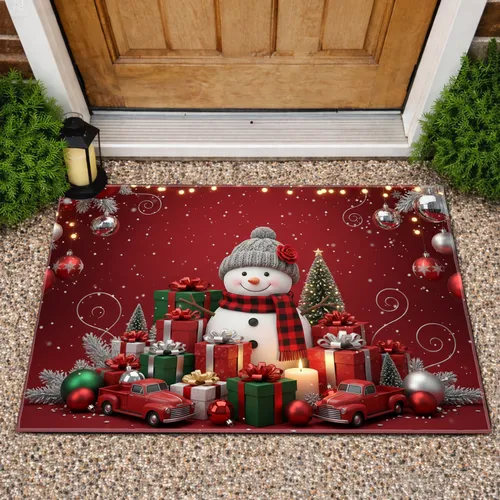 Snowman Christmas Presents Red Truck - Holiday Home Decor Doormat