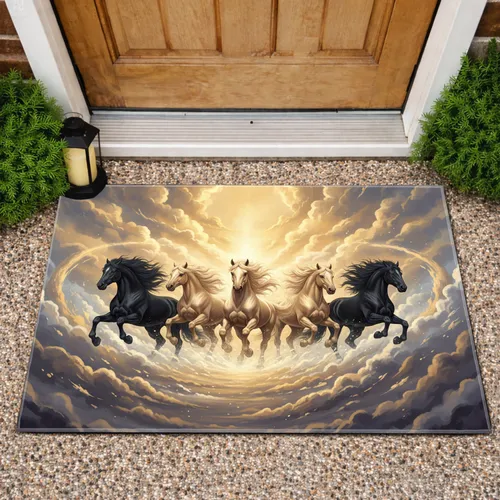 Four Black Golden Cream Horses Swirling Clouds - Horse Lover Home Decor Gift Doormat