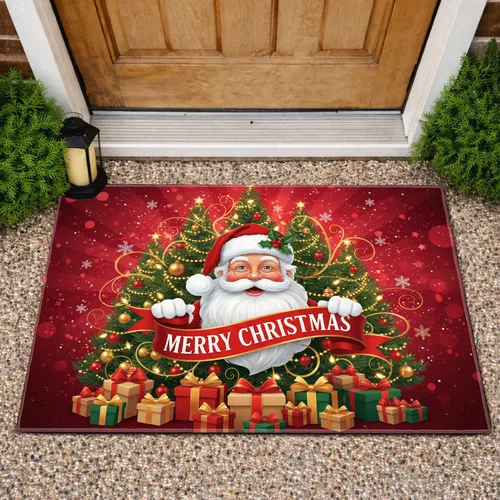 Smiling Santa Claus Merry Christmas Banner Christmas Trees Gifts Snowflakes - Christmas Holiday Decor Doormat