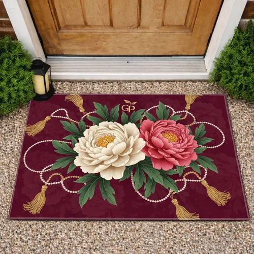 Two Peony Floral Golden Tassels Lush Green Foliage Pearl Accents Burgundy - Home Decor Gift Doormat