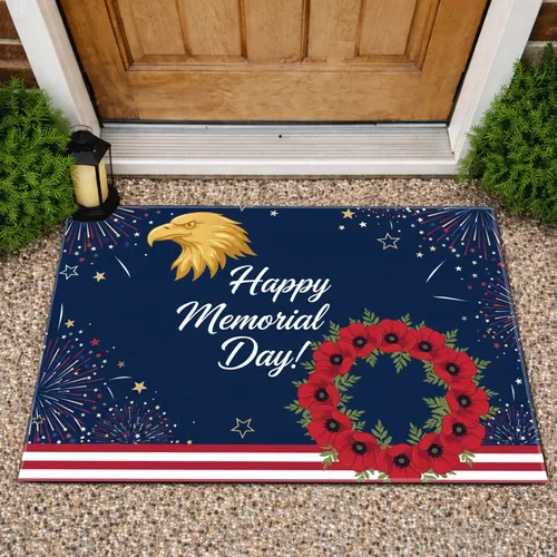 Happy Memorial Day Eagle Poppy Wreath - Memorial Day Gift for Veterans Doormat