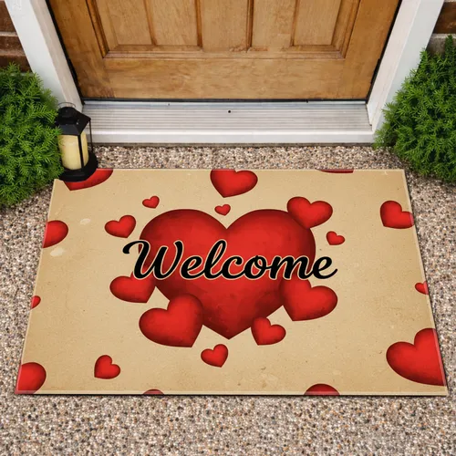 Welcome Black Calligraphy Scattered Red Hearts Tan Field - Home Decor Gift for Housewarming Doormat