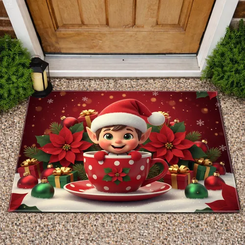 Christmas Elf Red Teacup Poinsettia Pine Sprig - Christmas Gift Doormat