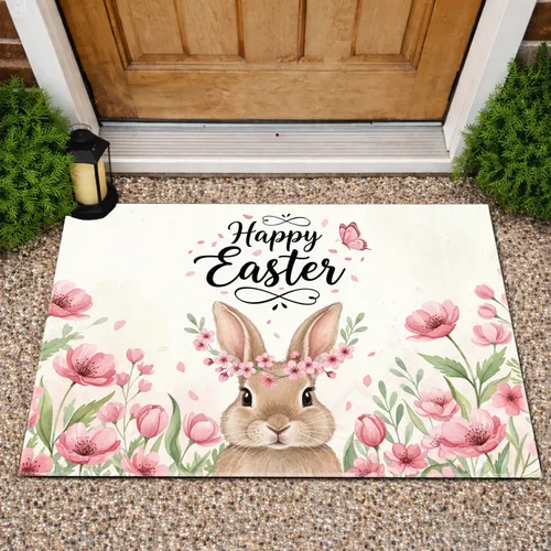 Fluffy Brown Bunny Cherry Blossom Happy Easter Pink Flowers Butterfly - Home Decor Gift Doormat