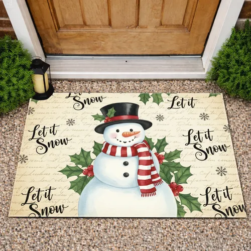 Smiling Snowman Holly Leaves 'Let It Snow' - Christmas Home Decor Doormat
