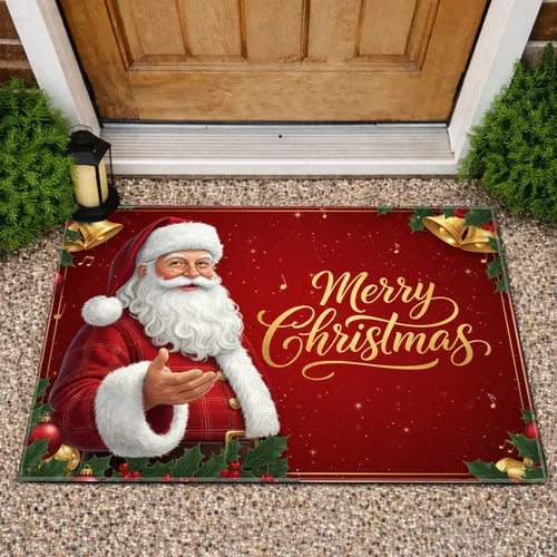 Santa Claus Merry Christmas Holly Berries - Christmas Home Decor Doormat