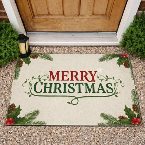Merry Christmas Holly Pine Greenery - Farmhouse Christmas Decor Doormat