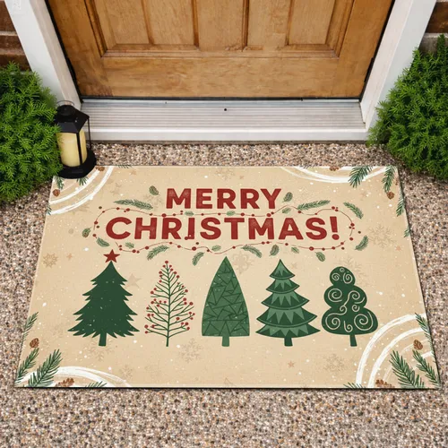 MERRY CHRISTMAS! Text Christmas Trees Pinecones Garland - Holiday Home Decor Doormat