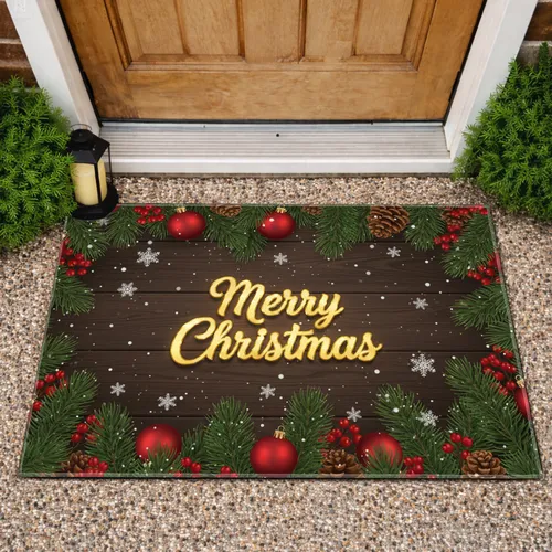 Merry Christmas Golden Text Pine Boughs Ornaments - Winter Holiday Home Decor Doormat