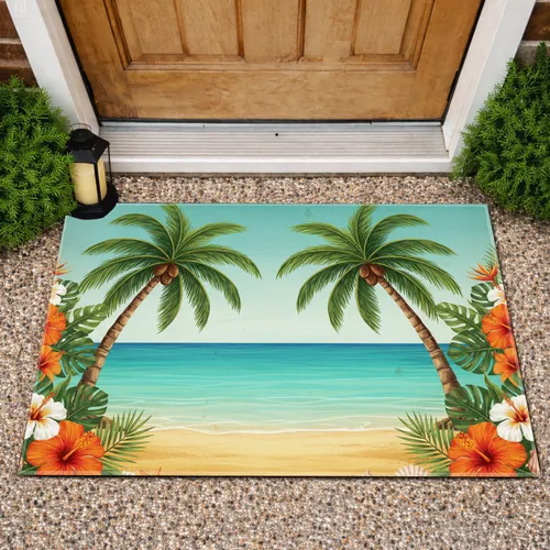 Sandy Beach Ocean Palm Trees Hibiscus Starfish - Home Decor Gift for Beach Lovers Doormat