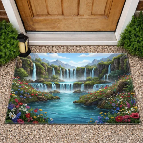 Cascading Waterfalls Turquoise River Wildflower Meadow Landscape - Home Decor Gift Doormat