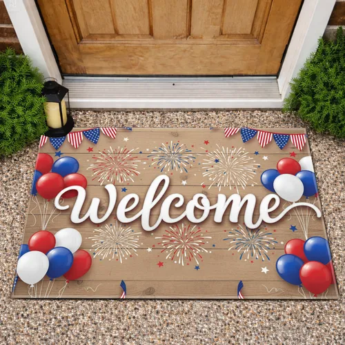 Welcome Patriotic Bunting Balloons Fireworks - Independence Day Home Decor Doormat