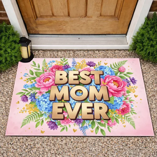 BEST MOM EVER Gold Text Floral Bouquet Hearts Butterflies - Mother's Day Gift for Mothers Doormat