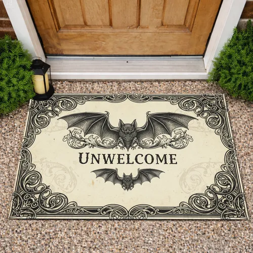 Menacing Gothic Bat Unwelcome Text Scrollwork - Vintage Halloween Decor Doormat