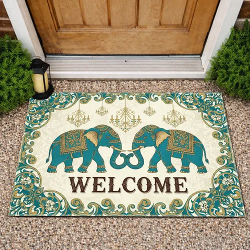 Elephants Welcome Heart Indian Scrollwork - Welcome Home Decor Doormat