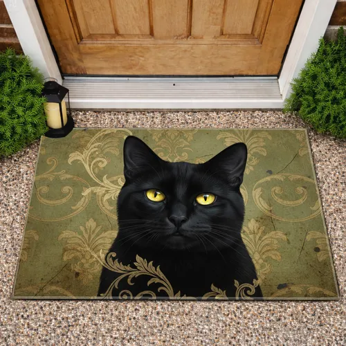 Black Cat Yellow Eyes Upper Torso Rococo Damask - Home Decor Gift for Cat Lover Doormat