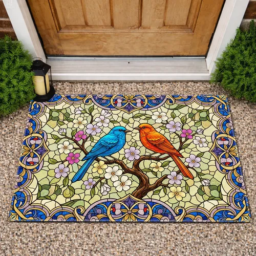 Blue Orange Songbirds Flowering Branches - Home Decor Gift for Bird Lovers Doormat