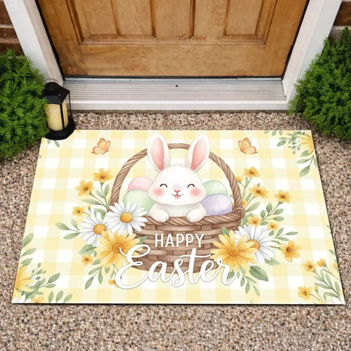 Easter Bunny Basket Easter Eggs Daisies Foliage Butterflies - Easter Holiday Gift Doormat