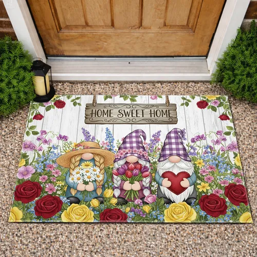 Garden Gnomes 'Home Sweet Home' Flowers - Farmhouse Home Decor Gift for Garden Lover Doormat
