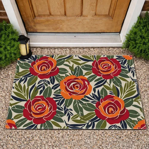 Stylized Roses Leaves Botanical - Rustic Home Decor Gift Doormat