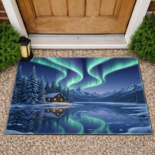 Aurora Borealis Winter Cabin Lake Mountains - Winter Home Decor Gift Doormat