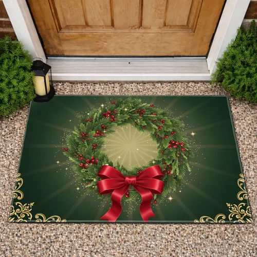 Christmas Wreath Red Berries Gold Stars - Holiday Home Decor Gift Doormat